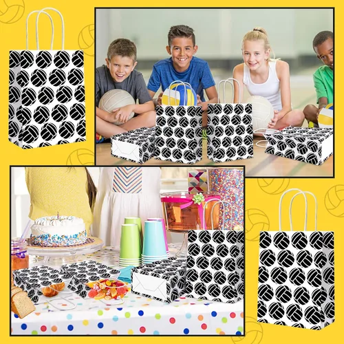 Miniatura 7 de 18 bolsas de regalo de fiesta de voleibol, bolsa de golosinas de voleibol, bolsas de voleibol negras con asa, bolsa de papel de voleibol para niños