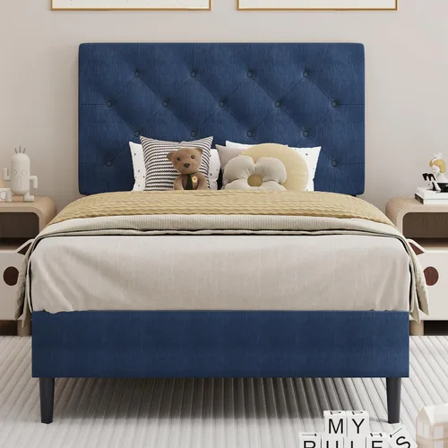 BarnFurin Marcos de cama individual con cabecera capitoné con botones, cama de plataforma tapizada de lino con soporte de listones de madera, fácil
