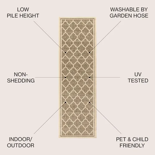 Miniatura 2 de JONATHAN Y Tapete marroquí con diseño enrejado para interiores y exteriores, 2 x 8 pies, marrón/beige, tejido texturizado de trébol para patio