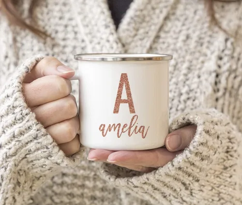 Miniatura 3 de Andaz Press Taza de metal personalizada de 11 onzas para campamento, monograma de purpurina de oro rosa sintético, letra inicial personalizada