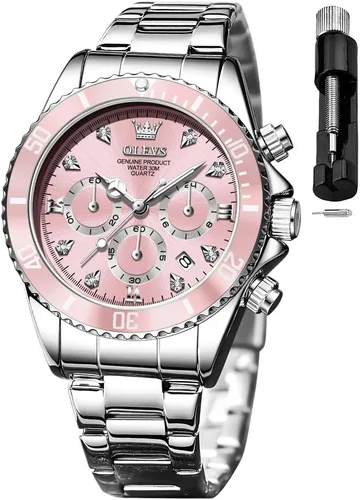 Miniatura 21 de OLEVS - Reloj de mujer de moda, reloj de vestir con diamantes, para mujer, analógico, de cuarzo, acero inoxidable, impermeable, luminoso, con fecha
