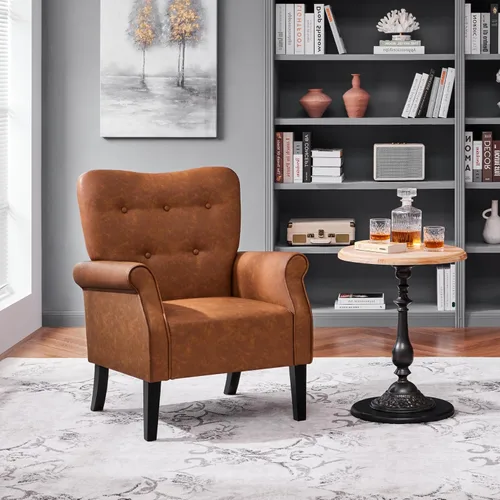 Miniatura 9 de Yaheetech - Sillón moderno, silla decorativa de cuero sintético PU estilo mediados del siglo XX con patas de madera resistentes y respaldo alto