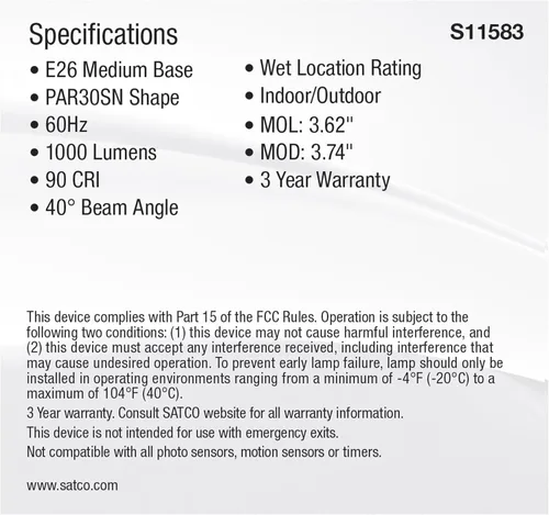 Miniatura 5 de Satco S11583; LED PAR30SN de 11 vatios; base media; acabado plateado; CCT seleccionable; 120 voltios; ángulo de haz de 40 grados