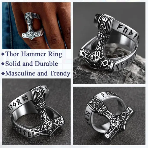 Miniatura 5 de FaithHeart Norse Viking Jewelry - Anillo de acero inoxidable de guerrero para hombre con diseño vikingo de cabeza de lobomartillo de Thor