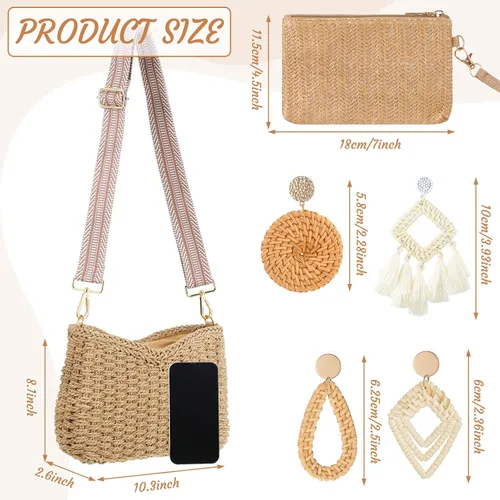 Miniatura 5 de Sweetude Bolso de mano de paja para mujer, juego de aretes de ratán, bolsa de paja de verano, playa, bolso bohemio, cartera tejida para vacaciones