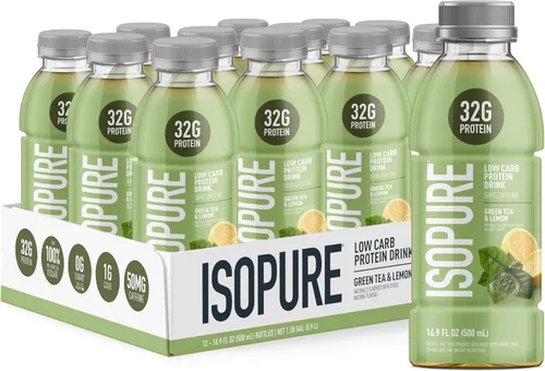 Isopure Zero Carb 32g Proteína Clara Listo-para-Beber Transparente, Proteína de Suero Aislada, Té Verde, Paquete de 12 (El embalaje puede variar)