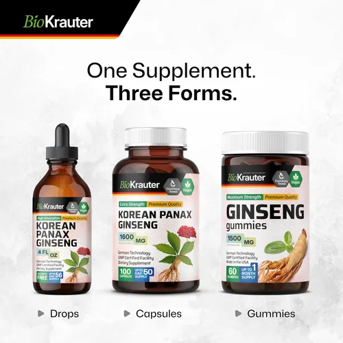 Miniatura 8 de BIO KRAUTER® Suplemento de ginseng para energía, concentración, rendimiento y apoyo inmunológico, ginseng rojo coreano vegano puro, 1600 mg por