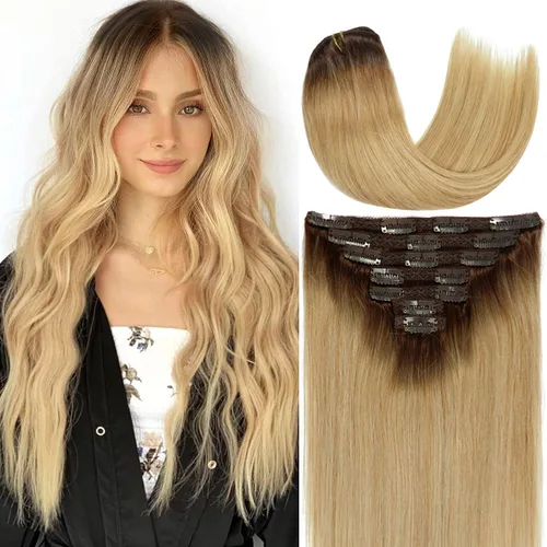 Miniatura 24 de Caliee Extensiones de cabello con pinzas de cabello humano 14 pulgadas Color 1 Negro azabache trama doble invisibles Extensiones de cabello humano