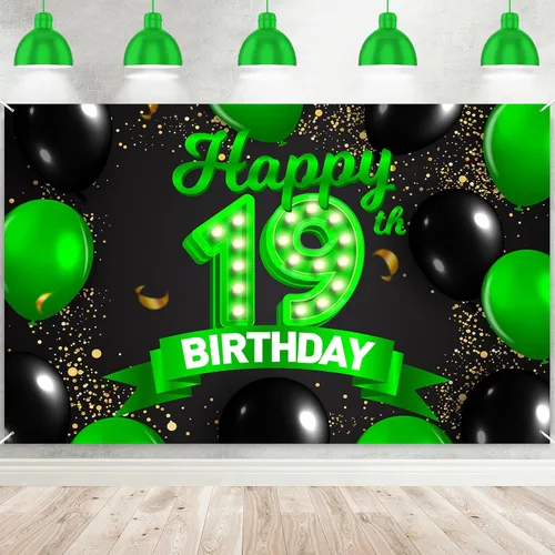 Cartel de feliz cumpleaños 19 color verde y negro, decoración temática de globos de confeti para niñas y mujeres de 19 años, suministros de