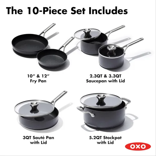 Miniatura 3 de OXO Juego de ollas y sartenes profesionales de 10 piezas, cerámica anodizada dura, antiadherente, sin PFAS, asas de acero inoxidable, inducción