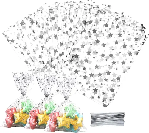 Miniatura 10 de 100 bolsas de regalo de celofán con estampado de estrellas, de 6 x 10 pulgadas, bolsas de regalo de celofán, bolsas de regalo de fiesta, bolsas