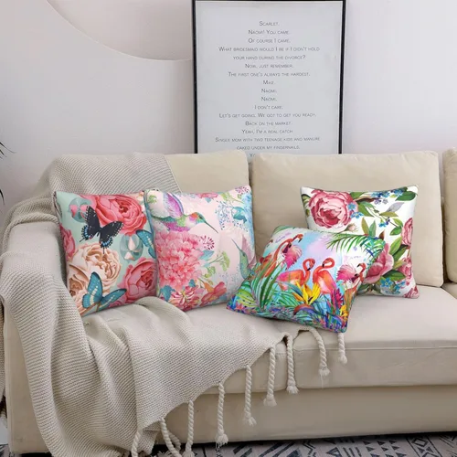 Miniatura 3 de Juego de 4 fundas de almohada de flamencos tropicales y flores rosadas, 18 x 18 pulgadas, diseño de peonías florales de mariposa, fundas de almohada