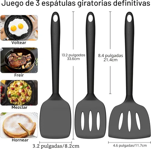 Miniatura 2 de Coukre Juego de 3 espátulas de silicona, resistentes al calor, sin BPA, espátula de pescado, espátula sólida y ranurada para sartenes negro puro