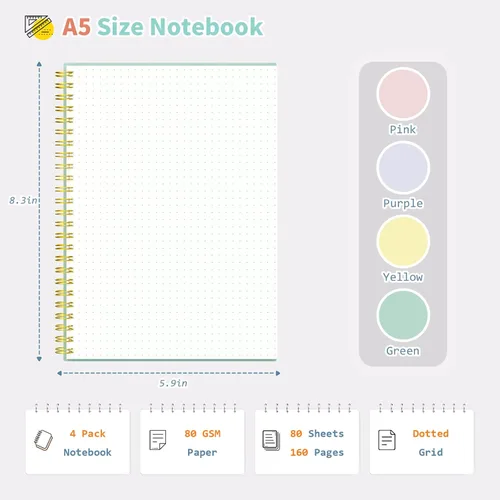 Miniatura 2 de Umriox Cuaderno Pequeño en Espiral, Paquete de 4 Cuadernos de Espiral Punteado A5 de 5.9" x 8.3" Papel de Cuadrícula de Puntos 160 Páginas, Cuaderno