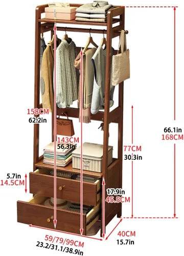 Miniatura 2 de Solid Wood Clothes Rack, Freestanding Clothing Rack, 5-in-1 Design Garment Rack, Large Capacity Coat Rack with Hooks and Storage Cabinet, Hall Tree