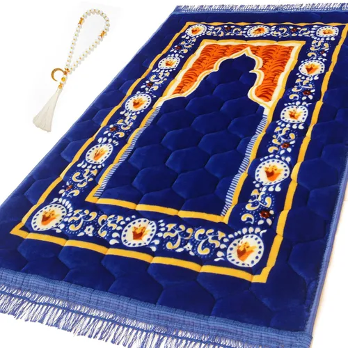 Alfombra de Oración Musulmana Mat Islámica - Alfombra de Oración Sajadah Acolchada Muy Gruesa para Hombres y Mujeres con Cuentas de Oración del Azul