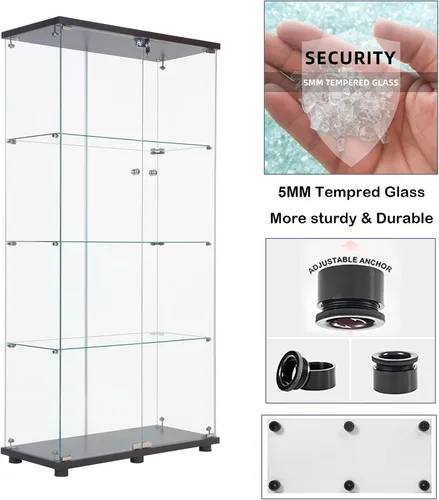 Miniatura 5 de Gabinete de exhibición de cristal de 64.56 pulgadas de alto, con 4 estantes, colección Curio, con dos puertas y cerraduras, estantería de pie
