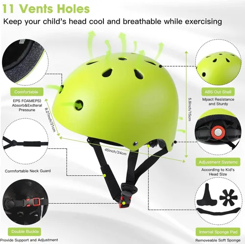 Miniatura 4 de Conjunto de casco de bicicleta para niños pequeños con rodilleras, casco de ciclismo ajustable para niño y niña, equipo de protección Verde