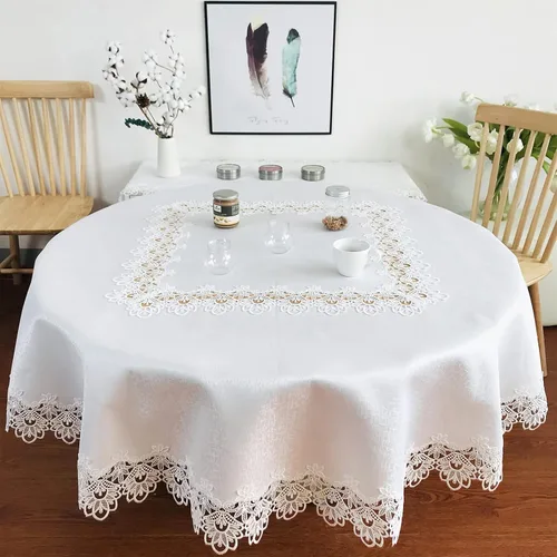 Mantel de encaje para mesas de comedor redondas de 70 pulgadas, diseño de peonías blancas, vintage, para fiestas, bodas, tela lavable para banquetes