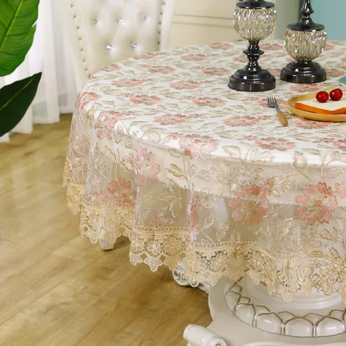 Mantel redondo de encaje bordado floral para mesa, decoración redonda de macramé de ganchillo, mantel rosa vintage, mantel Shabby Chic para comedor,