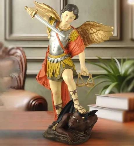Miniatura 14 de Estatua de San Miguel Arcángel - Estatua de San Miguel Miguel Arcángel derrotó a Lucifer pisotea demonio Figurina, Escultura religiosa coleccionable