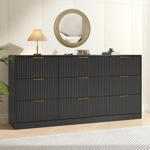 Miniatura 17 de Cómoda negra con 7 cajones, cómoda acanalada de 55 pulgadas de ancho para dormitorio con mango de metal, cómoda, soporte de TV de madera para Negro