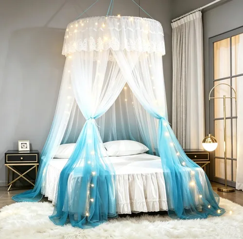 Mengersi - Tela mosquitera en dosel con luces led en forma de estrella para cama individual, matrimonial, queen y king. Cama de niña princesa Azul y