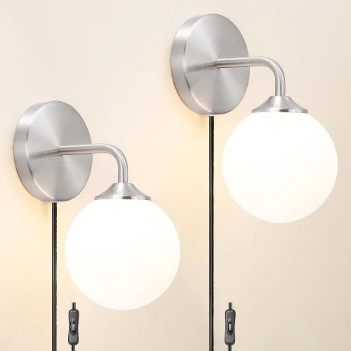 Miniatura 12 de Juego de 2 apliques de pared blancos enchufables, lámpara de pared moderna con cable de enchufe, aplique de madera con pantalla de metal martillado