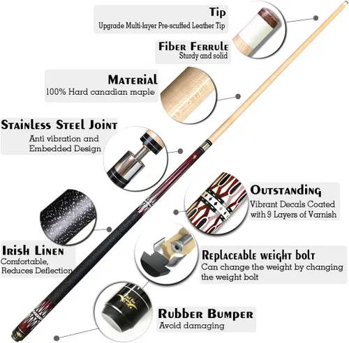 Miniatura 2 de Tai ba cues Palo de billar, punta de cuero multicapa de 13 mm, 58 pulgadas, envoltura de lino, palo de billar profesional de madera dura de arce A3