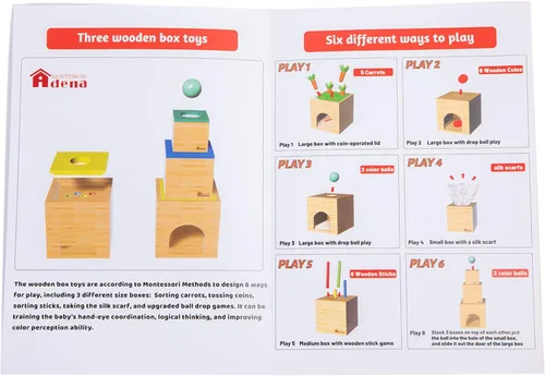 Miniatura 6 de Adena Montessori Kit de juego 6 en 1, 3 cajas de anidación y apilamiento, juego de caída de permanencia de objetos, caja de monedas, cosecha