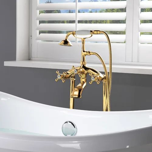 Miniatura 5 de WOODBRIDGE F0019PG - Grifo de bañera con doble manija para montaje en el suelo, dorado Oro