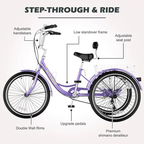 Miniatura 6 de H&ZT Triciclo para adultos, bicicleta de 3 ruedas, triciclo crucero, con cambio de 7 velocidades, manilla de freno de estacionamiento, paso bajo
