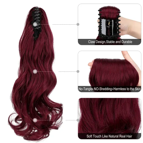 Miniatura 3 de Extensión de Cola de Caballo con Clip de Garra, Extensiones de Cabello Ondulado con Clip de 18 Pulgadas, Colas de Caballo Largas para Mujeres, Vino