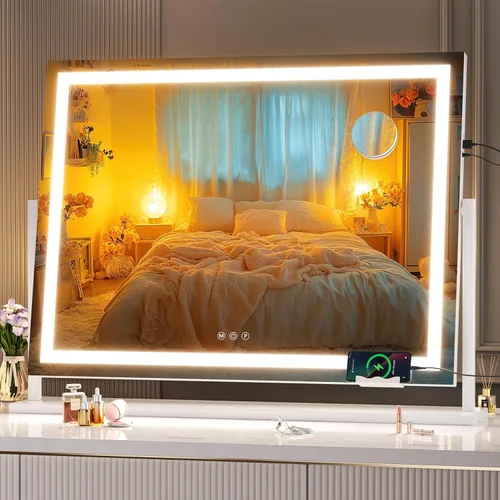 Miniatura 13 de Hasipu Espejo de tocador con luces, espejo de maquillaje LED de 24.2 x 19.7 pulgadas, espejo iluminado con aumento de 10 veces y USB, soporte