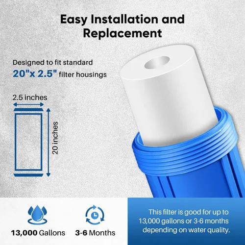Miniatura 4 de PUREPLUS Filtro de Agua para Sedimentos de Toda la Casa de 5 Micrones 20" x 2.5", Prefiltración de Sedimentos de 20 pulgadas, Cartucho de Repuesto