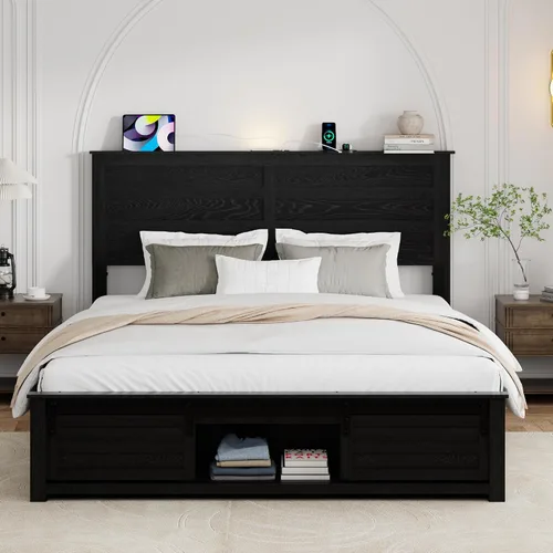 Miniatura 7 de Base de cama tamaño matrimonial con cabecero de madera, estructura de cama de plataforma de madera con estribo de puerta corrediza de granero