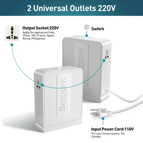 Miniatura 3 de Transformador elevador de 2000 W, convertidor de 110 V a 220 V, convertidor de voltaje resistente de 110 V-120 V a 220 V-240 V con dos tomas, Blanco