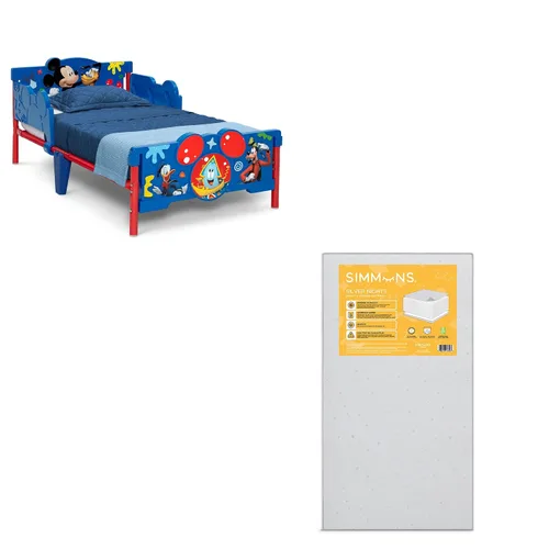 Delta Children - Cama para niños pequeños Mickey Mouse 3D, azul + colchón de cuna de bebé de dos etapas Simmons Kids Silver Nights de doble cara