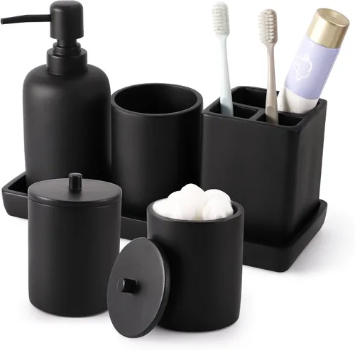 Miniatura 15 de Juego de baño de resina de 6 piezas color beige completo con soporte para cepillos de dientes, dispensador de jabón de loción, 2 dispensadores