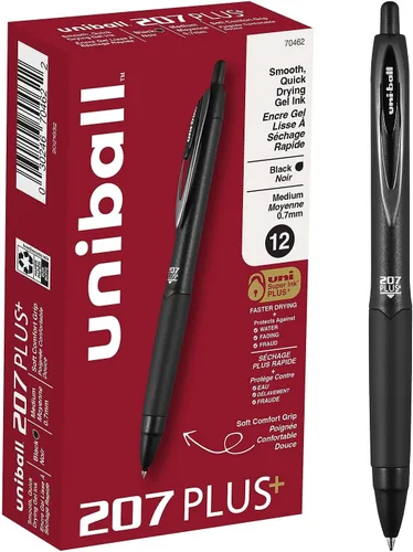 Miniatura 18 de Bolígrafos de gel retráctiles Uni-Ball 207, micro punta (0.5 mm), negro, paquete de 12