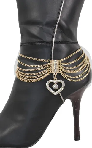 Miniatura 6 de TFJ - Pulsera de cadena para botas de moda occidental para mujer, diseño de metal dorado, con dije de corazón
