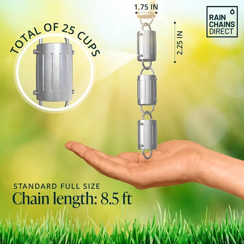 Miniatura 3 de Rain Chains Direct - Cadena de lluvia de barril - 8.5 pies - Aluminio fresado duradero - Cadenas de lluvia premium para canaletas Barril gris 8.5