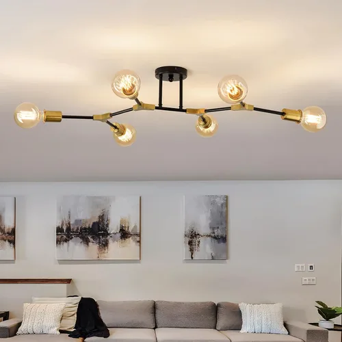 Miniatura 12 de Accesorio de Lámpara de Techo Industrial Semiempotrada de 4 Luces, Candelabro Sputnik Moderno de Metal Negro con Base de Bombilla E26, Luz Pegada al