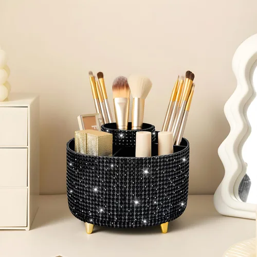 Miniatura 13 de Organizador para brochas de maquillaje, organizador de brochas de maquillaje giratorio 360°, taza con 5 ranuras para brochas de maquillaje