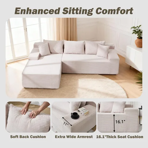 Miniatura 7 de Sofá modular Cloud de 105 pulgadas con diván en forma de L, sofá modular con asiento profundo, cómodo sofá de pana sin hueso para sala de estar