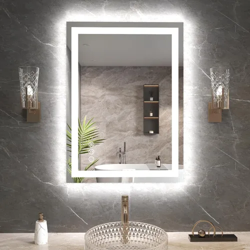 Miniatura 68 de Snowdool Espejo LED de baño, 32 x 32 pulgadas con luz frontal y retroiluminada, antivaho, espejo de tocador de baño para pared, función de memoria