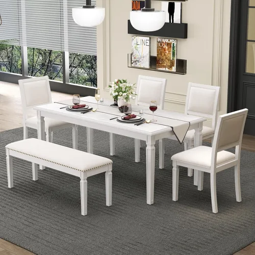 Miniatura 18 de Juego de mesa de comedor de 6 piezas estilo granja, mesa rectangular con soporte y 4 sillas tapizadas y banco, juego de muebles de cocina
