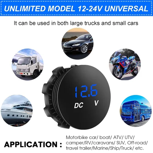 Miniatura 7 de 2 voltímetros de coche DC 12-24 mini pantalla digital, medidor de voltaje, medidor de voltaje impermeable, voltímetro de panel redondo brillante