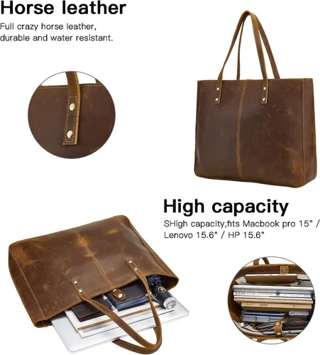 Miniatura 3 de Bolso de hombro de cuero completo para mujer, bolso grande de trabajo para hombres y mujeres, bolso de hombro de negocios, bolso vintage marrón