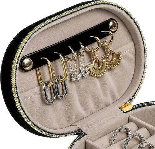 Miniatura 6 de Changsuo Joyero de terciopelo de felpa para viajes, pequeño joyero para mujeres, organizador de viaje de joyería (ébano)